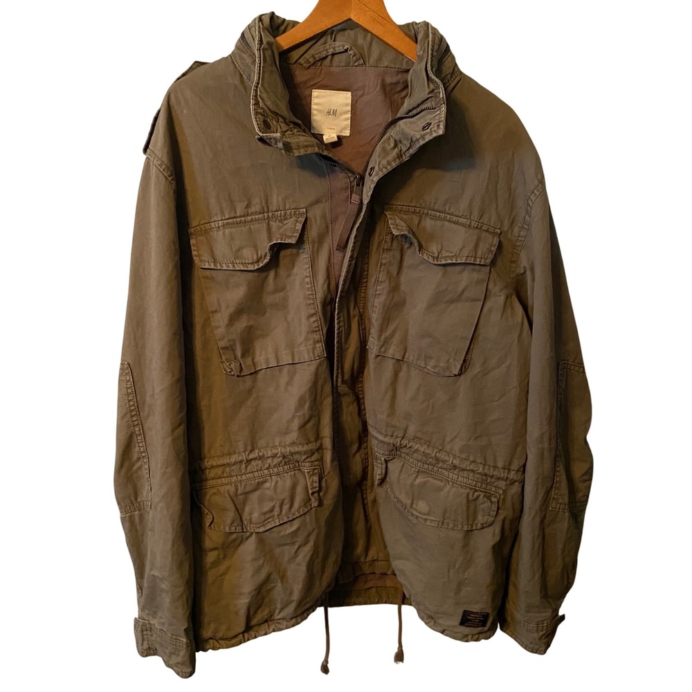 H&M‎ Olive Green Utility Jacket Women's Size L Multiple Pockets Drawstring Waist